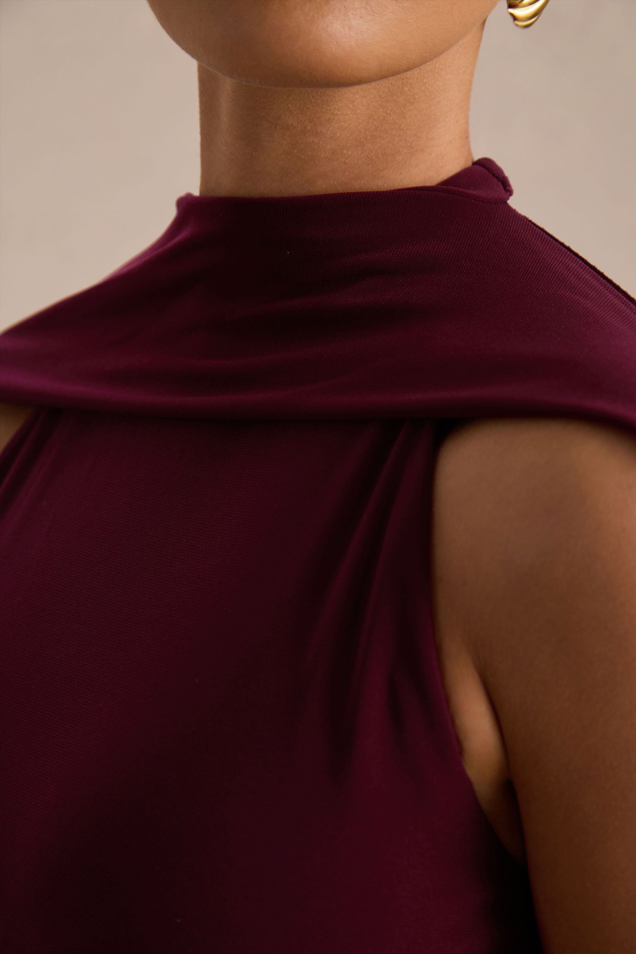 Cordy | Burgundy High-Neck Maxi Dress With Scarf-Detail