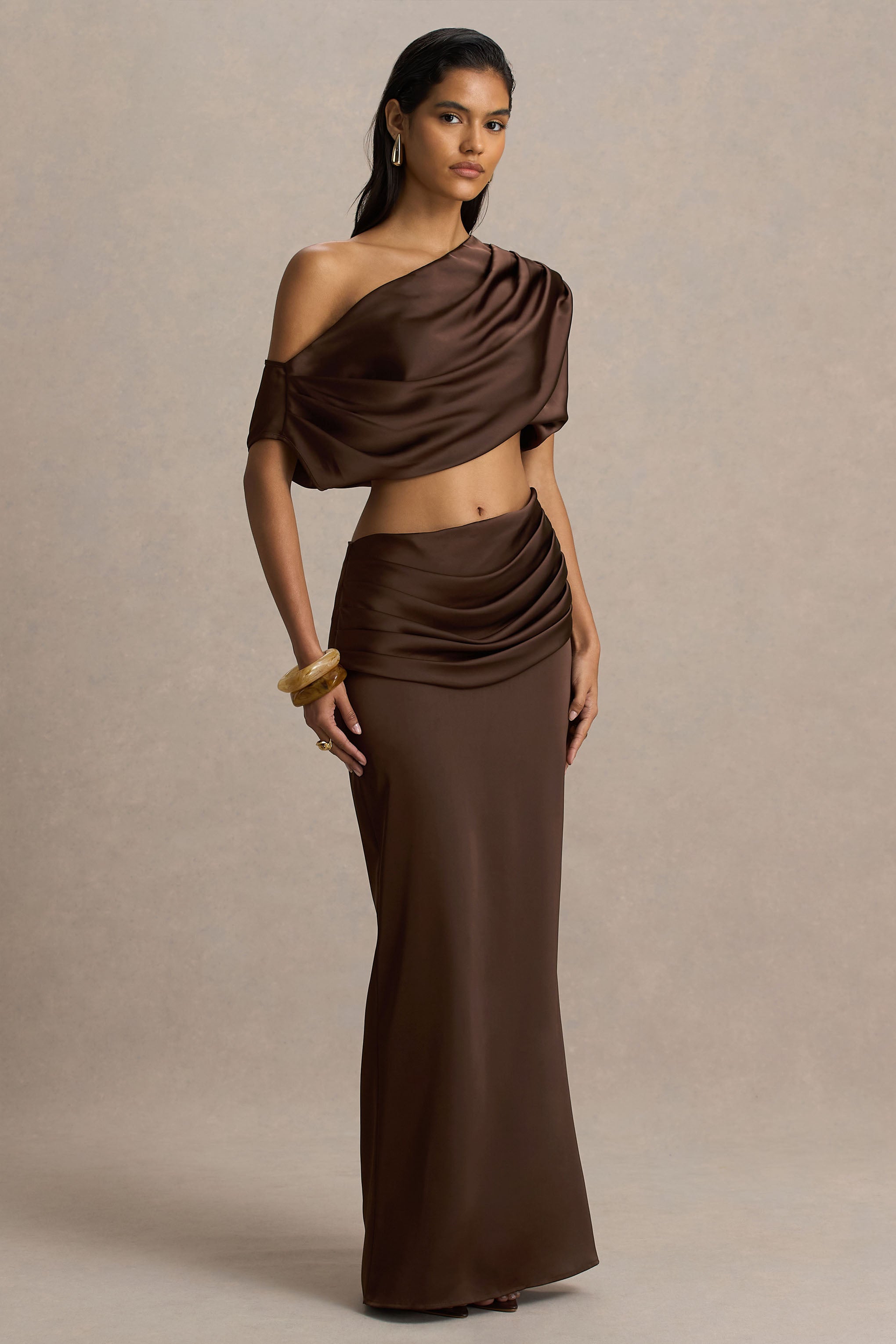 Megan | Brown Satin Wrap Maxi-Skirt With Gathered Detailing