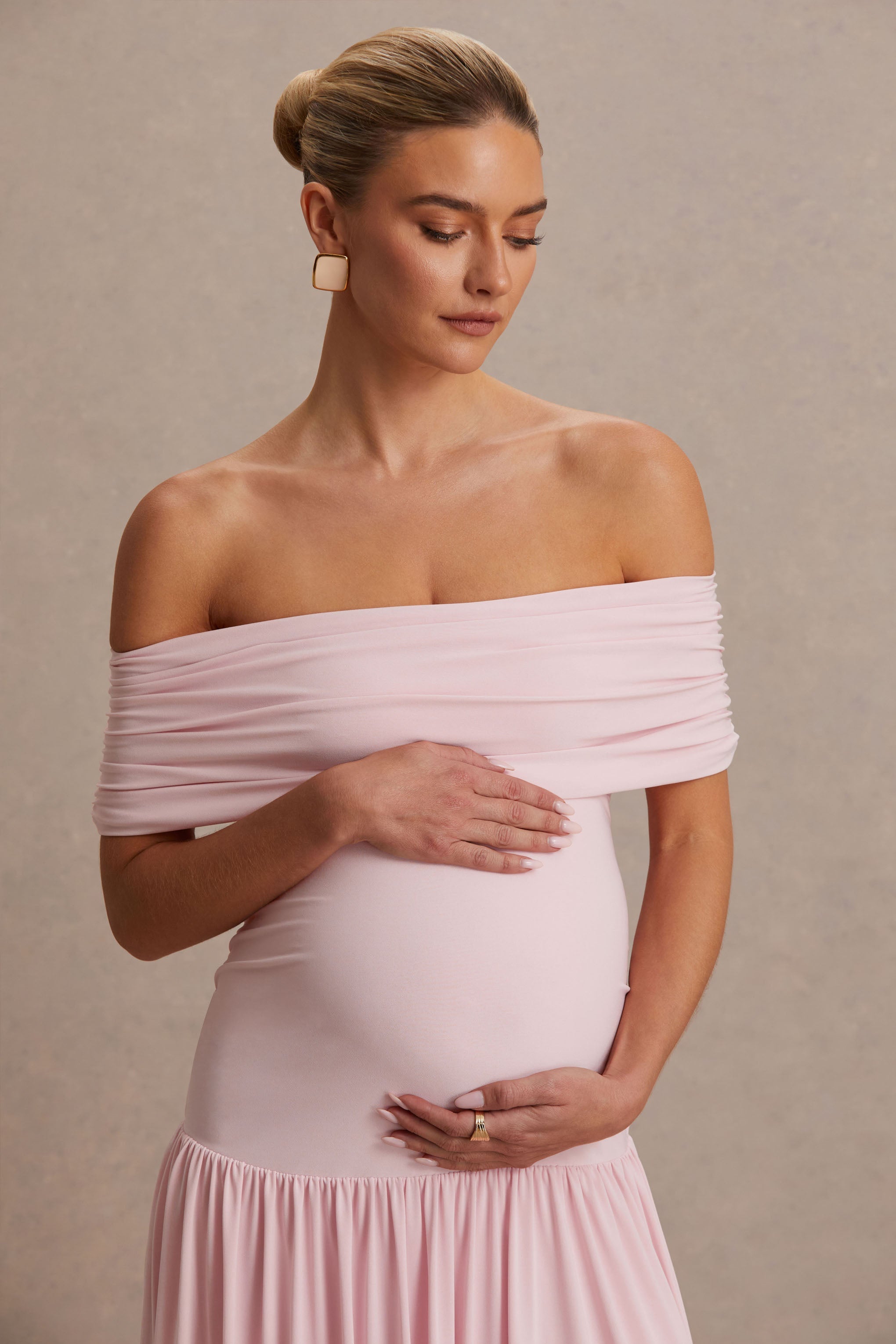 Juliette | Blush Pink Bardot-Neck Maternity Maxi Dress With Drop-Waist