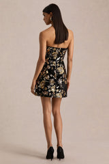 Valeri | Black Velvet Bandeau Mini Dress With Bronze Floral Sequin Embellishment