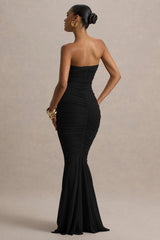 Talisa | Black Bandeau Ruched Maxi Dress With Mesh Fishtail