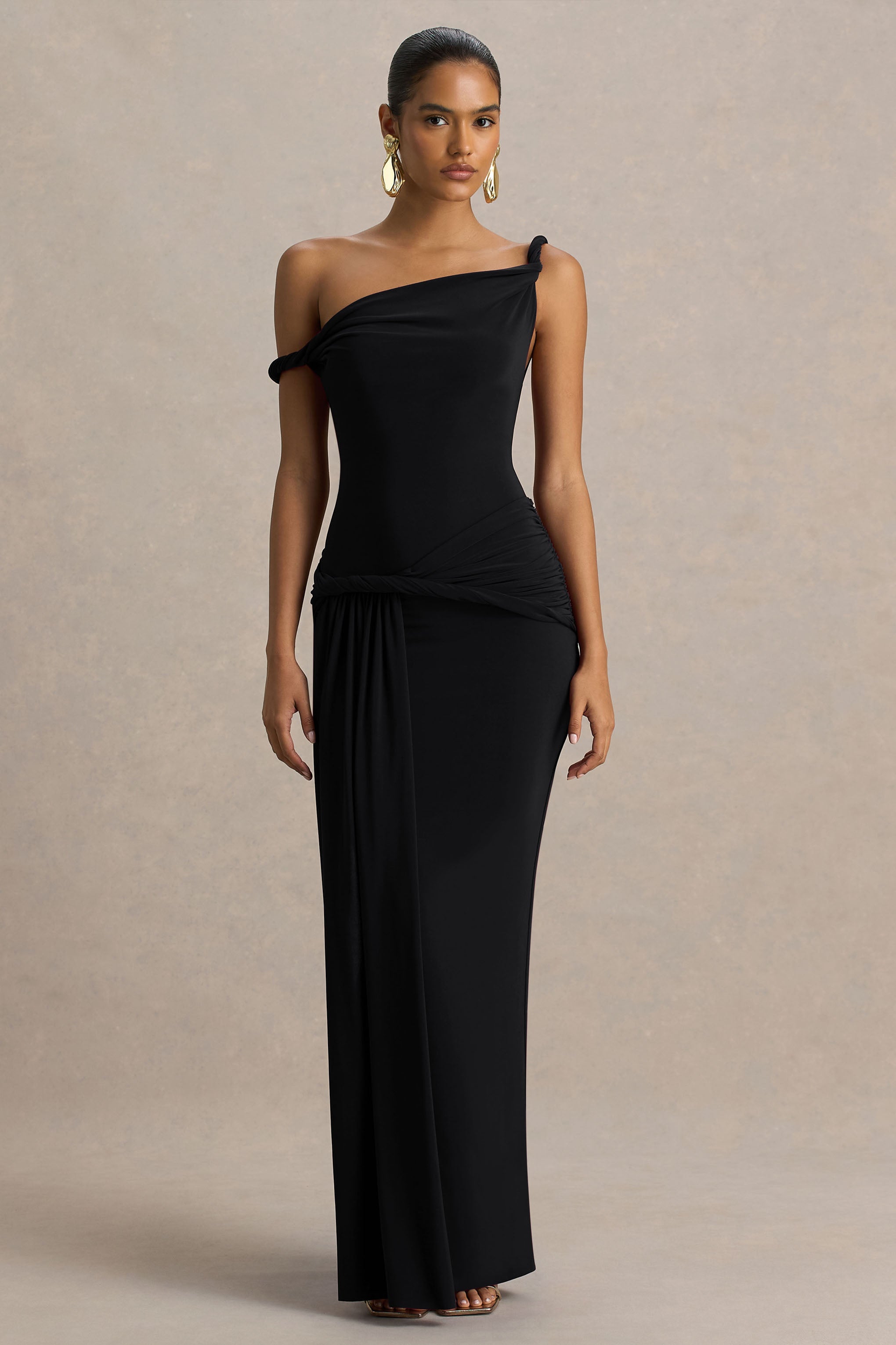 Tulisa | Black Asymmetric-Neck Maxi Dress With Twist Sleeves And Ruched Detailing