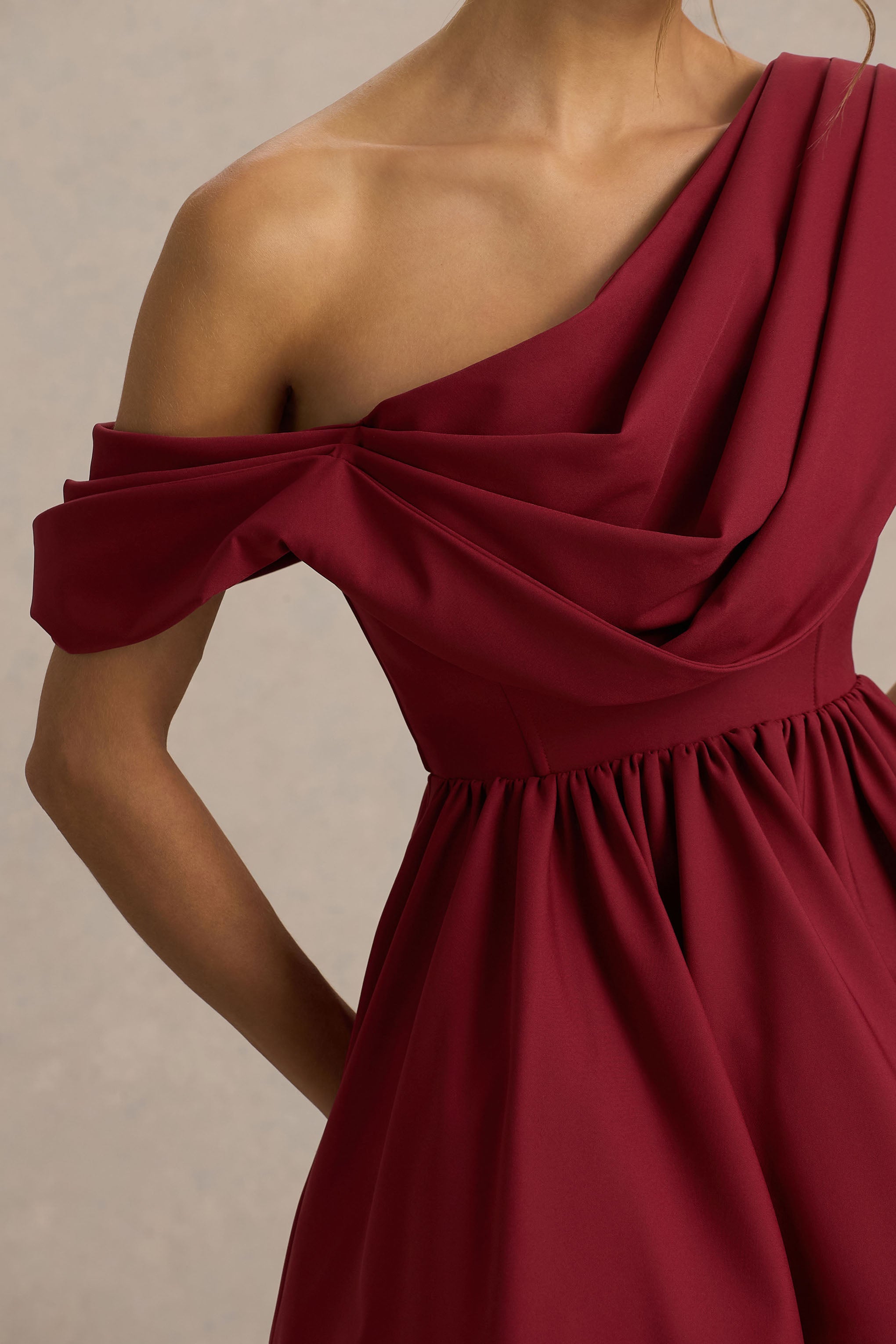 Verona | Burgundy  Draped Asymmetric-Neck Skater Mini Dress