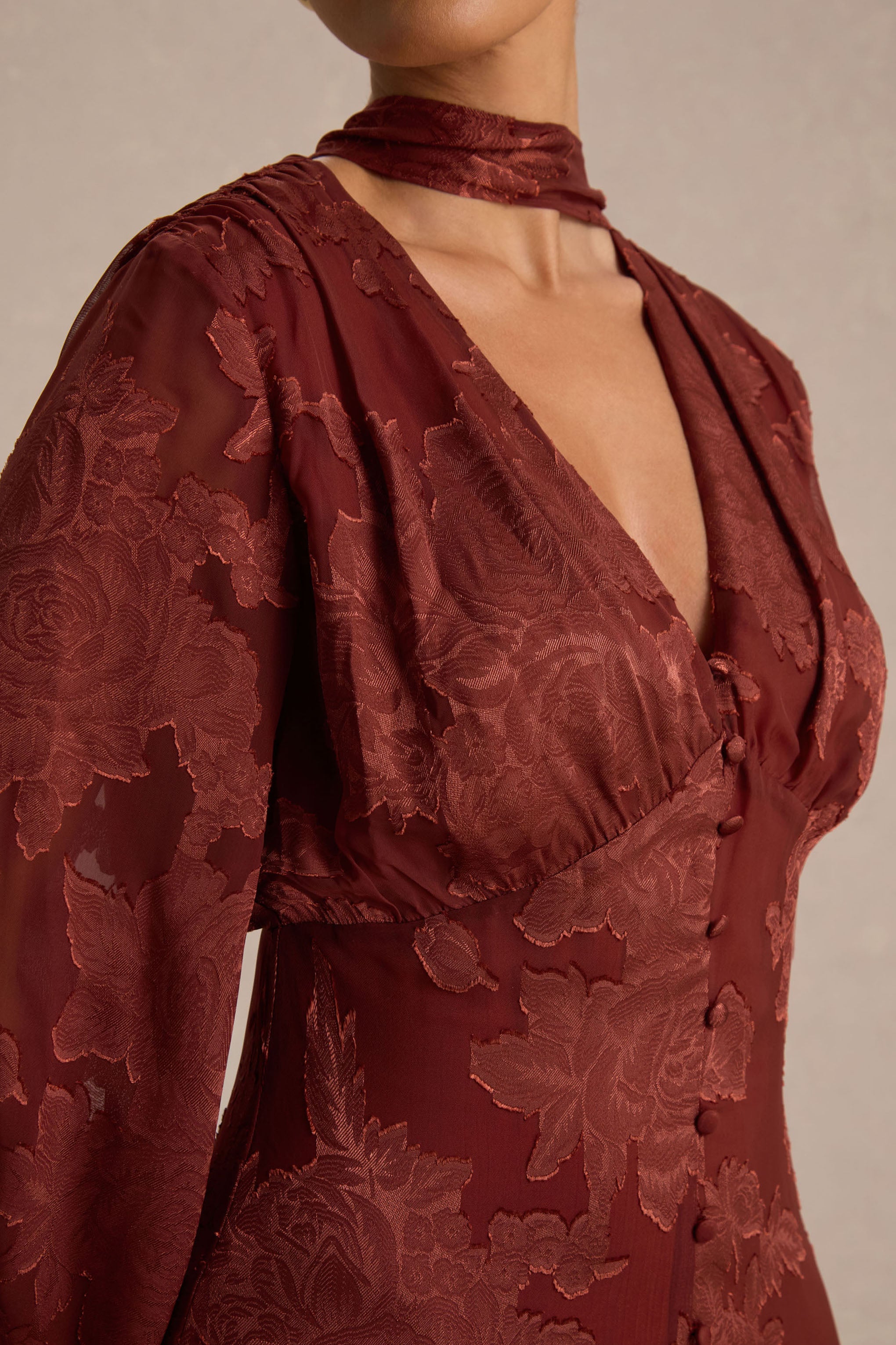 Sabina | Rust Devore Plunge-Neck Midi Dress