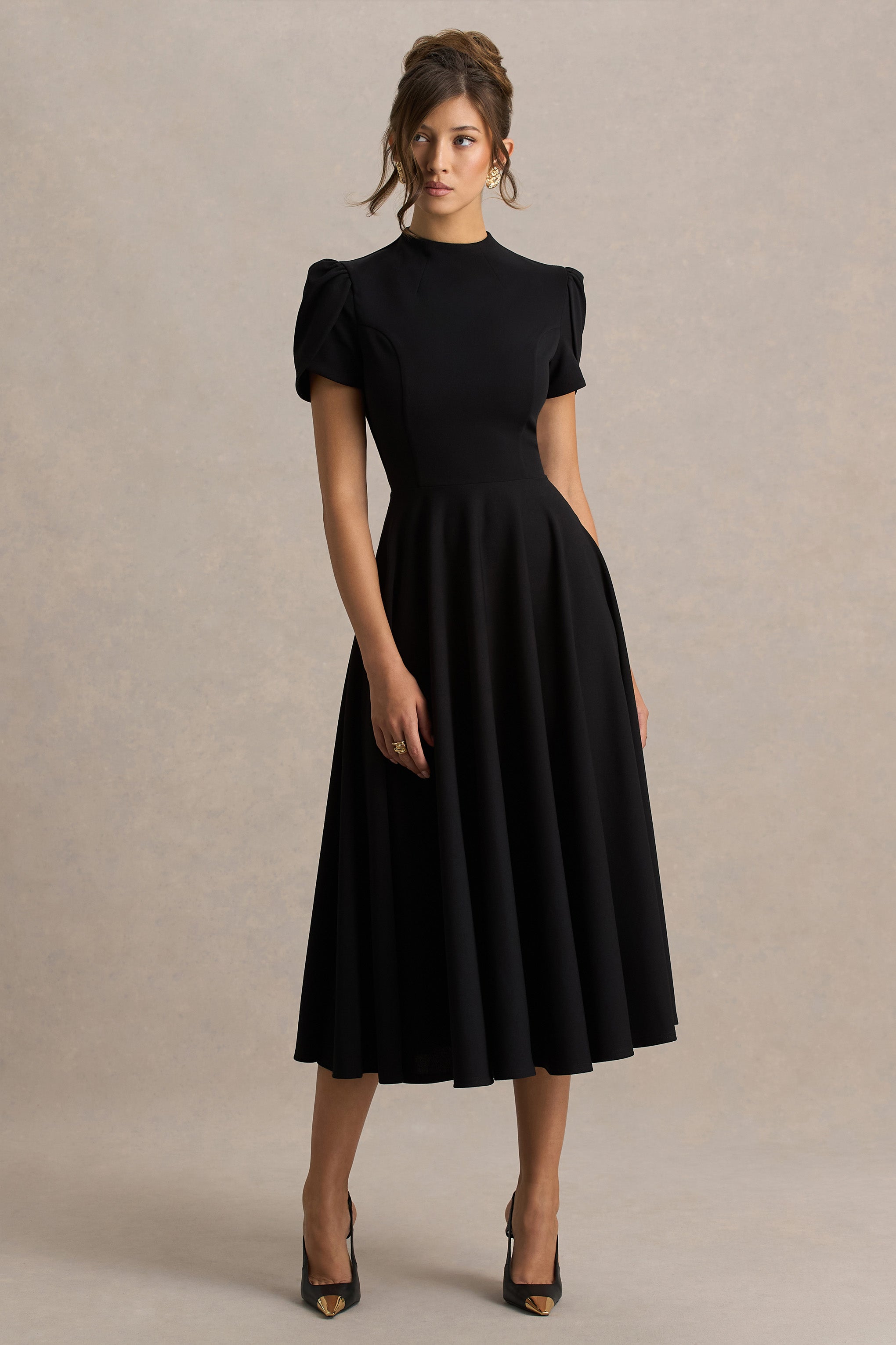 Vicky | Black High Neck Midi Dress With Puff Sleeves