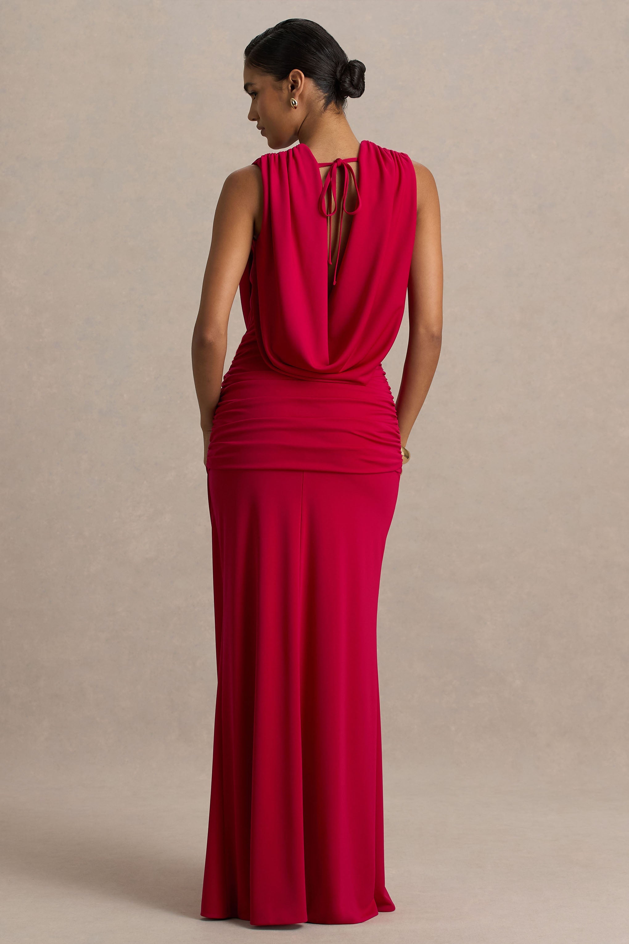 Serafina | Red Extreme-Plunge Maxi Dress With Ruched Detailing And Open-Back