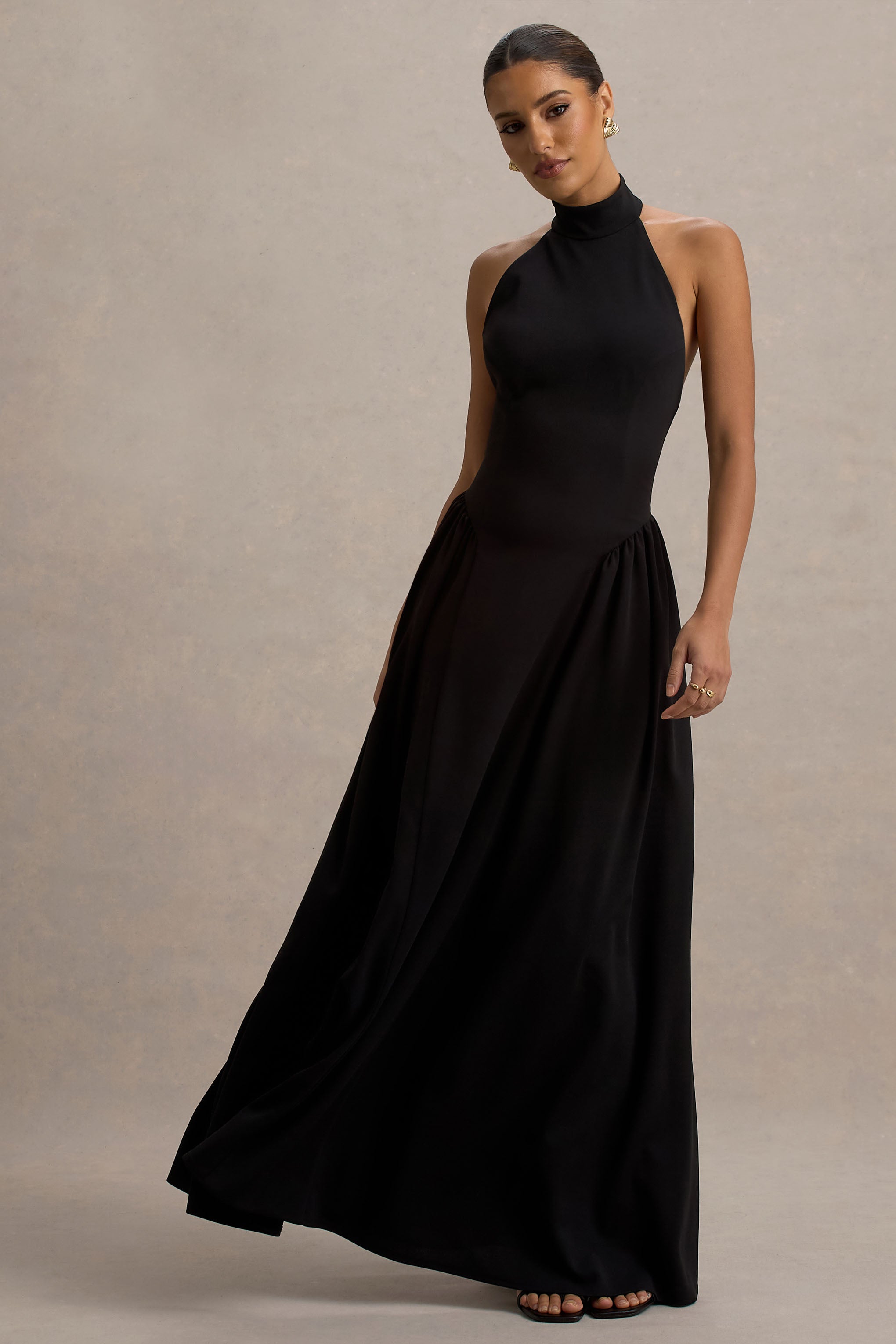 Cynthia | Black High-Neck Maxi Dress With Volume Skirt