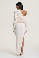 Olivia | Cream Asymmetric-Neck Maxi Dress With Ruched Detailing Asymmetric-Hem