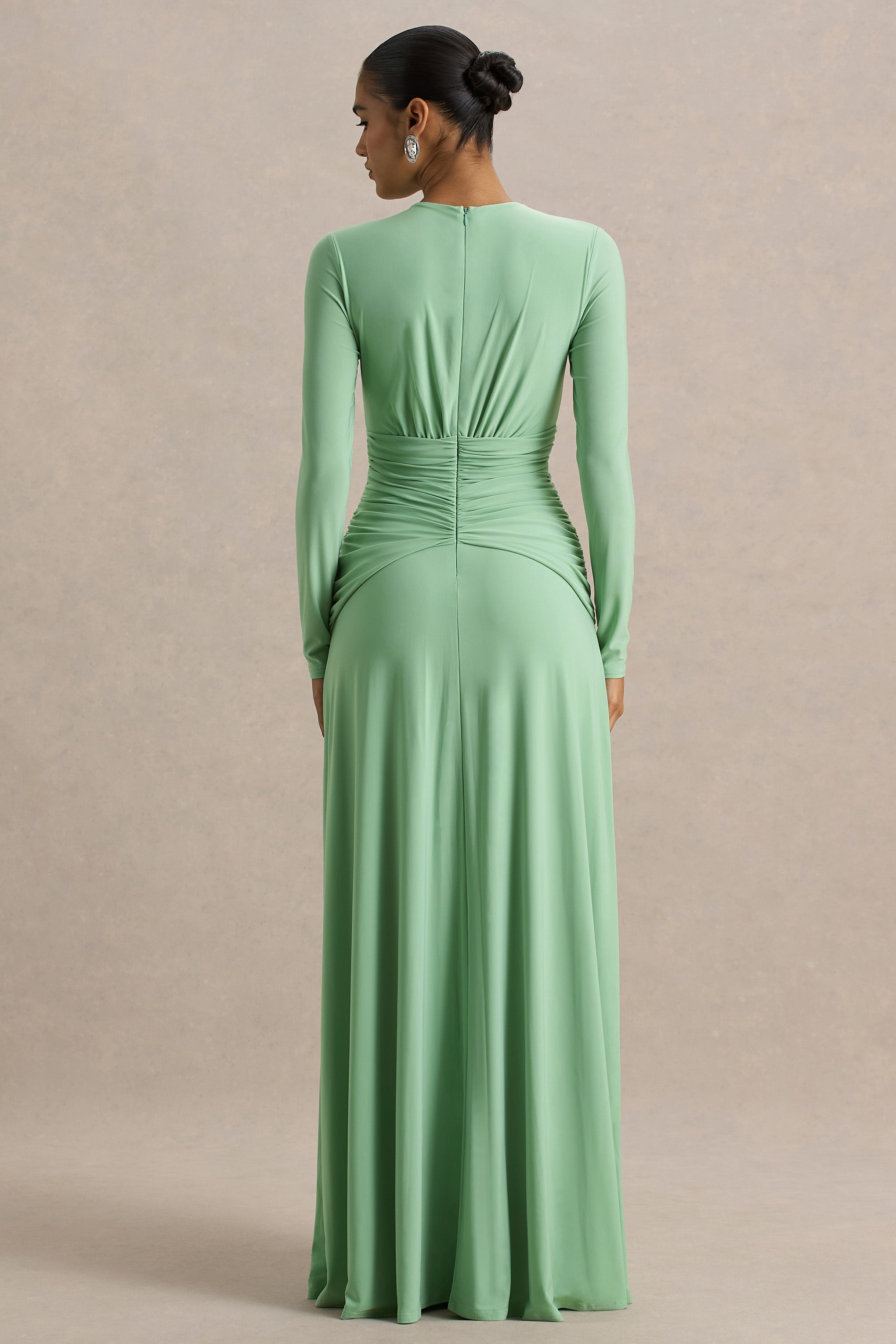 With Me | Green High-Neck Maxi Dress With Ruched Detailing