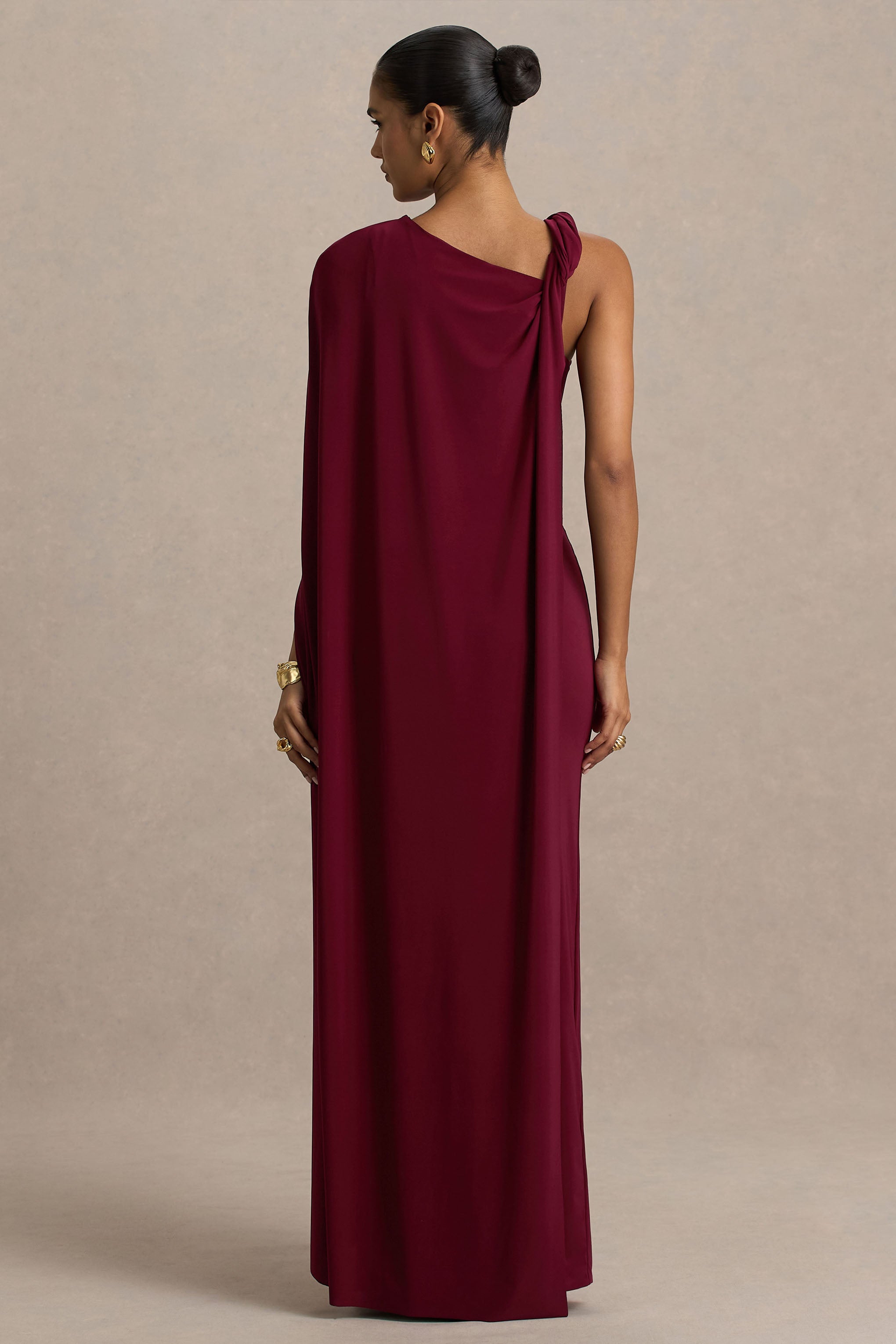Cressida | Burgundy Asymmetric-Neck Maxi Dress With Cape And Gold Detail