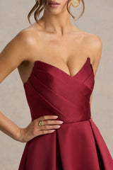 Promises | Burgundy Satin Sweetheart-Neck Midi Dress