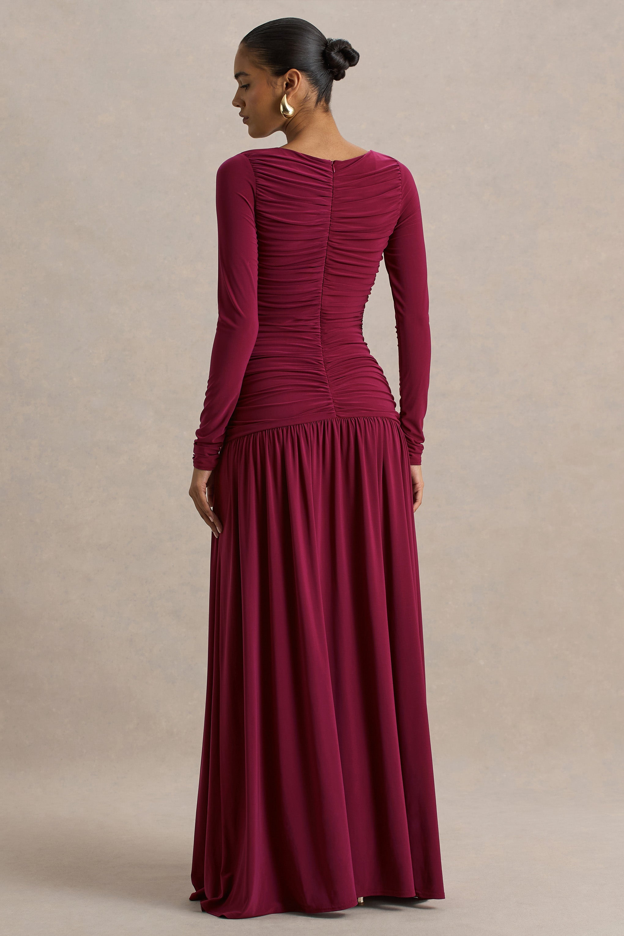 Aniyah | Burgundy Slashed-Neck Maxi Dress With Ruched Detailing