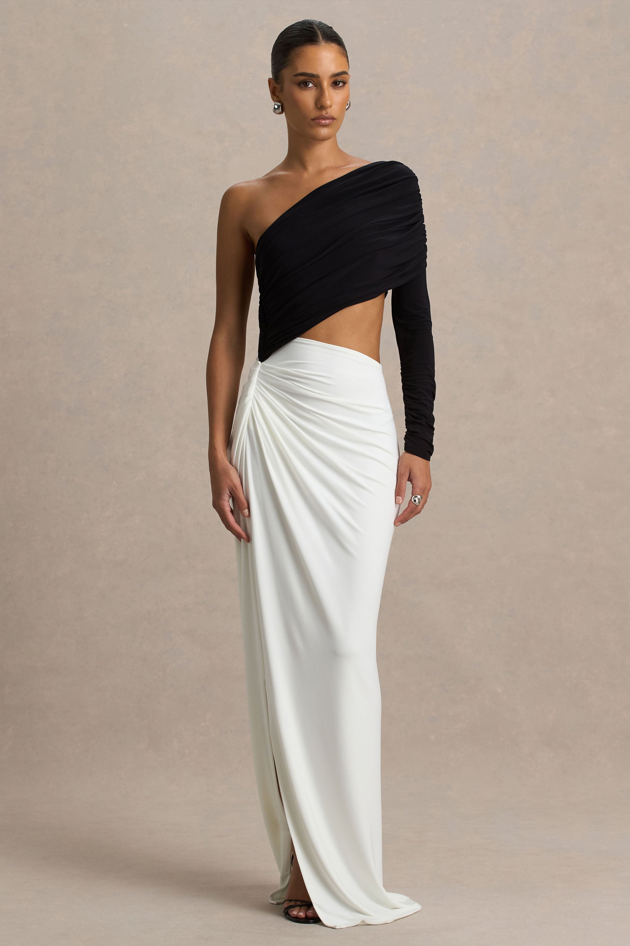 Malika | Black And White Asymmetric-Neck Maxi Dress With Body-Cut Out And Gathered Detailing