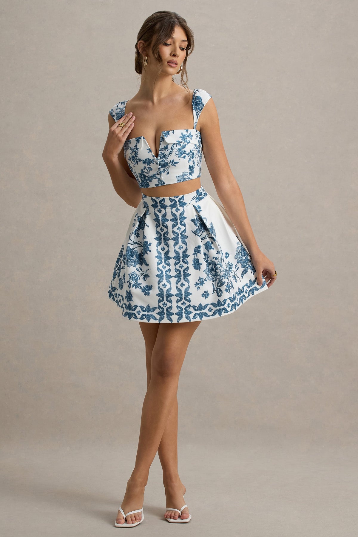 Modella | Blue Porcelain Print Skater Mini Skirt