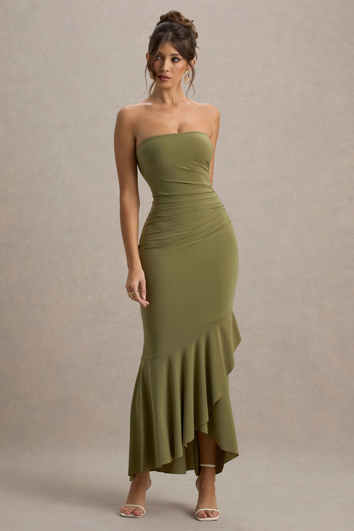 Capria | Olive Green Bandeau Wrap Maxi Dress