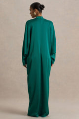 Tina | Dark Green Satin Plunge-Neck Embellished Maxi Dress