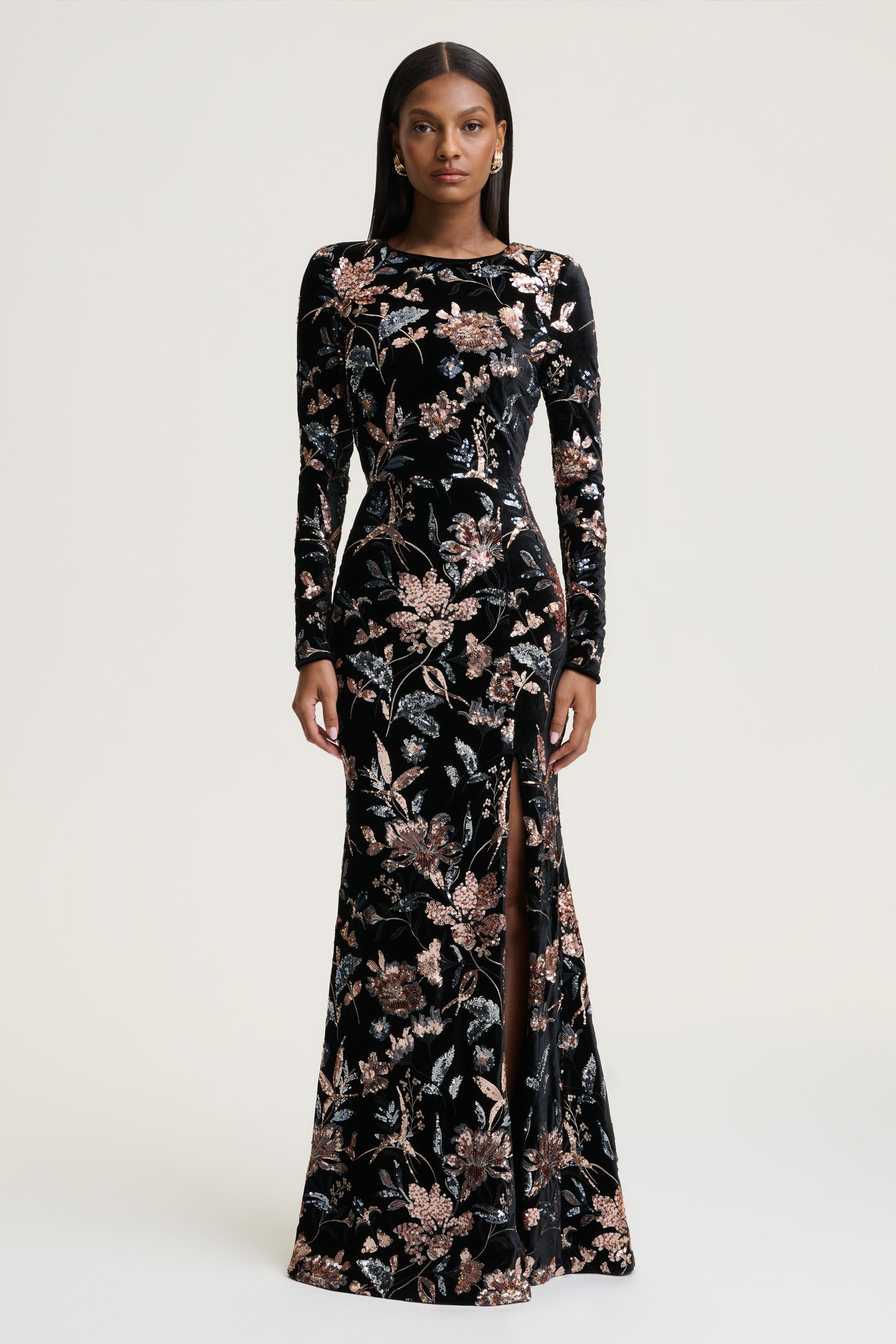 Lyric | Black Floral Velvet And Sequin Embellished Crew-Neck Maxi Dress