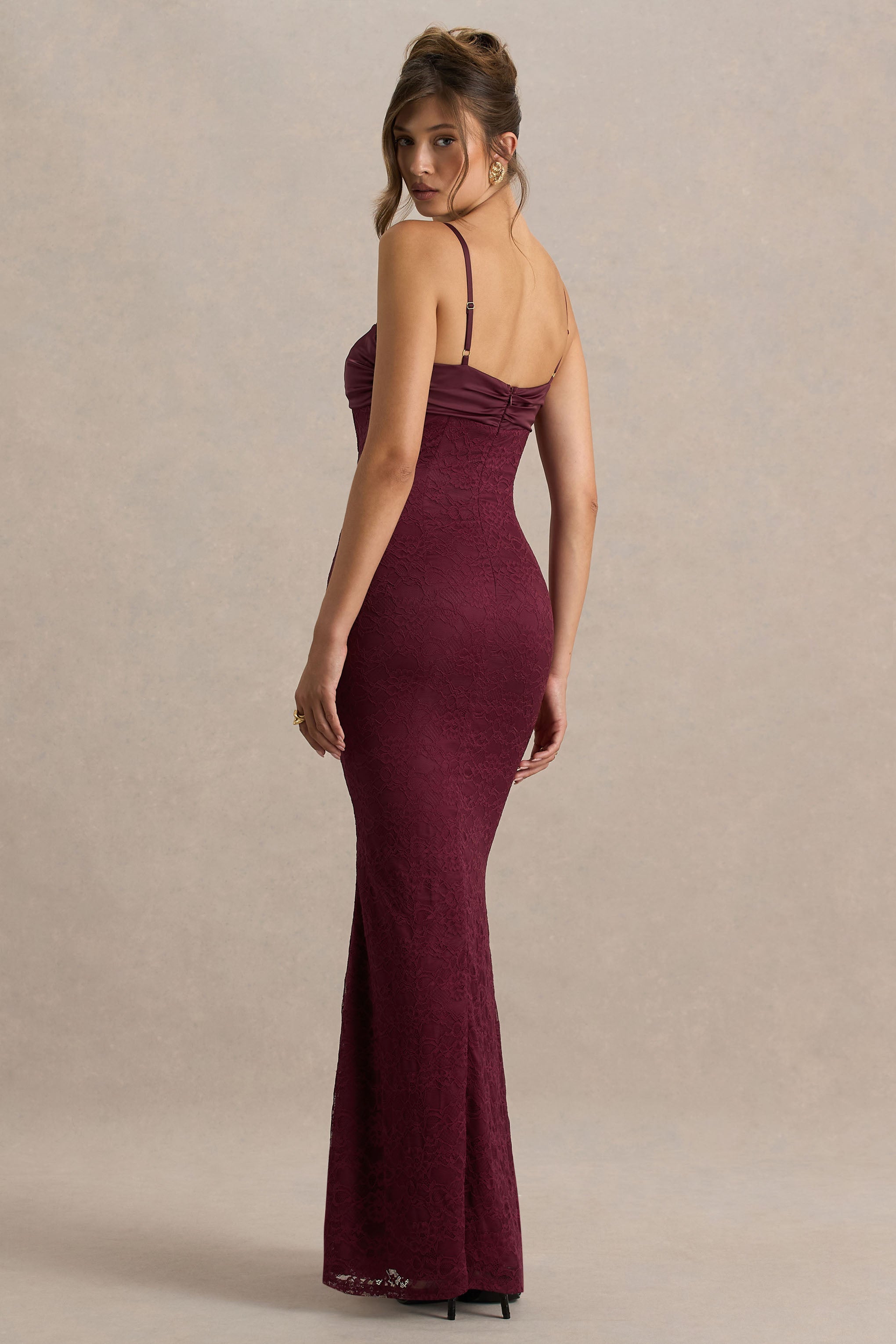 Juana | Burgundy Lace And Satin Sweetheart-Neck Satin Maxi Dress