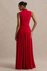 Cascade | Red High-Neck Maxi Dress With Twist Detail