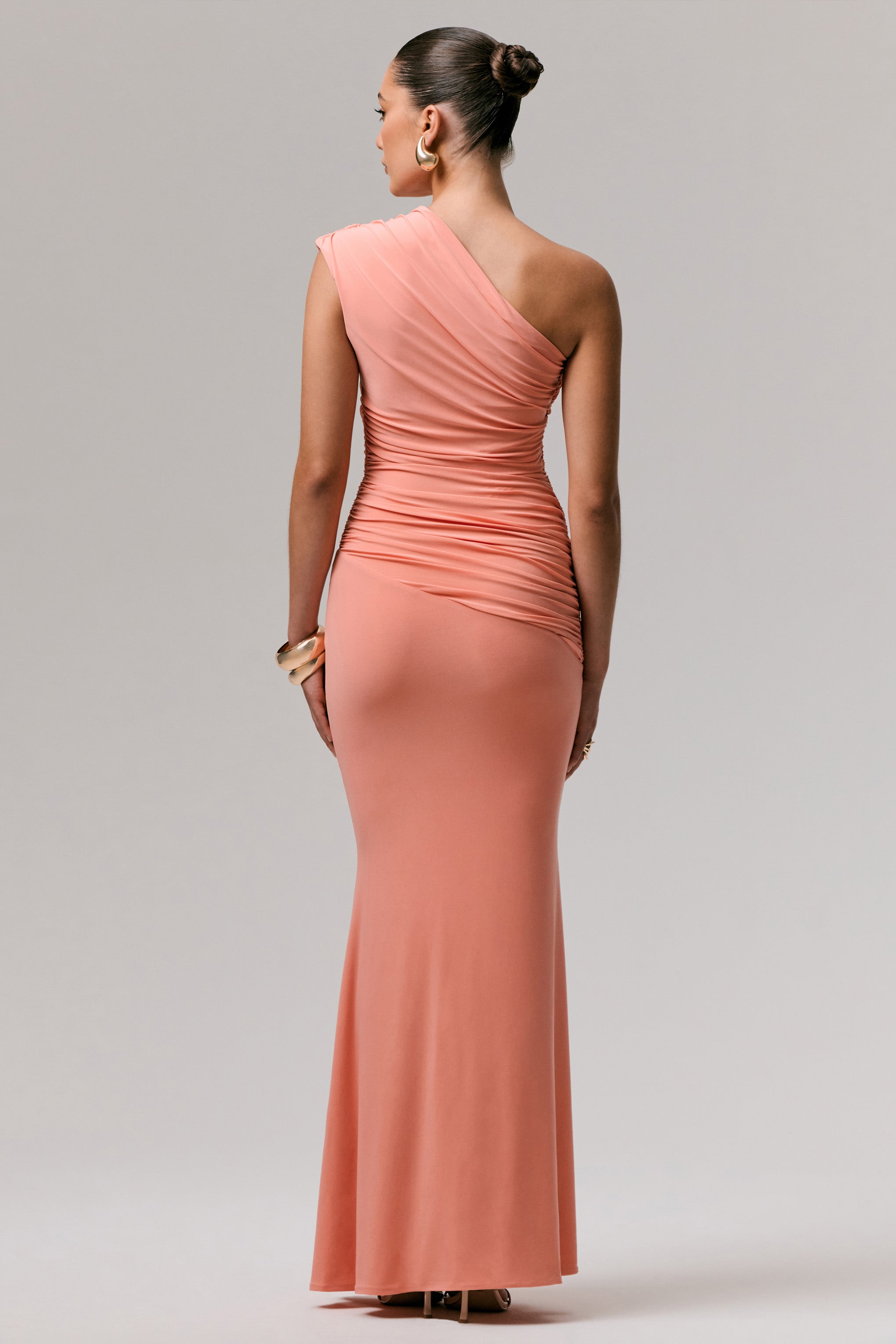 Mardi | Coral Asymmetric Maxi Dress With Ruching