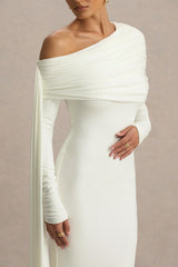 Octavia | Cream Bardot-Neck Maxi Dress With Sash And Ruched Detailing