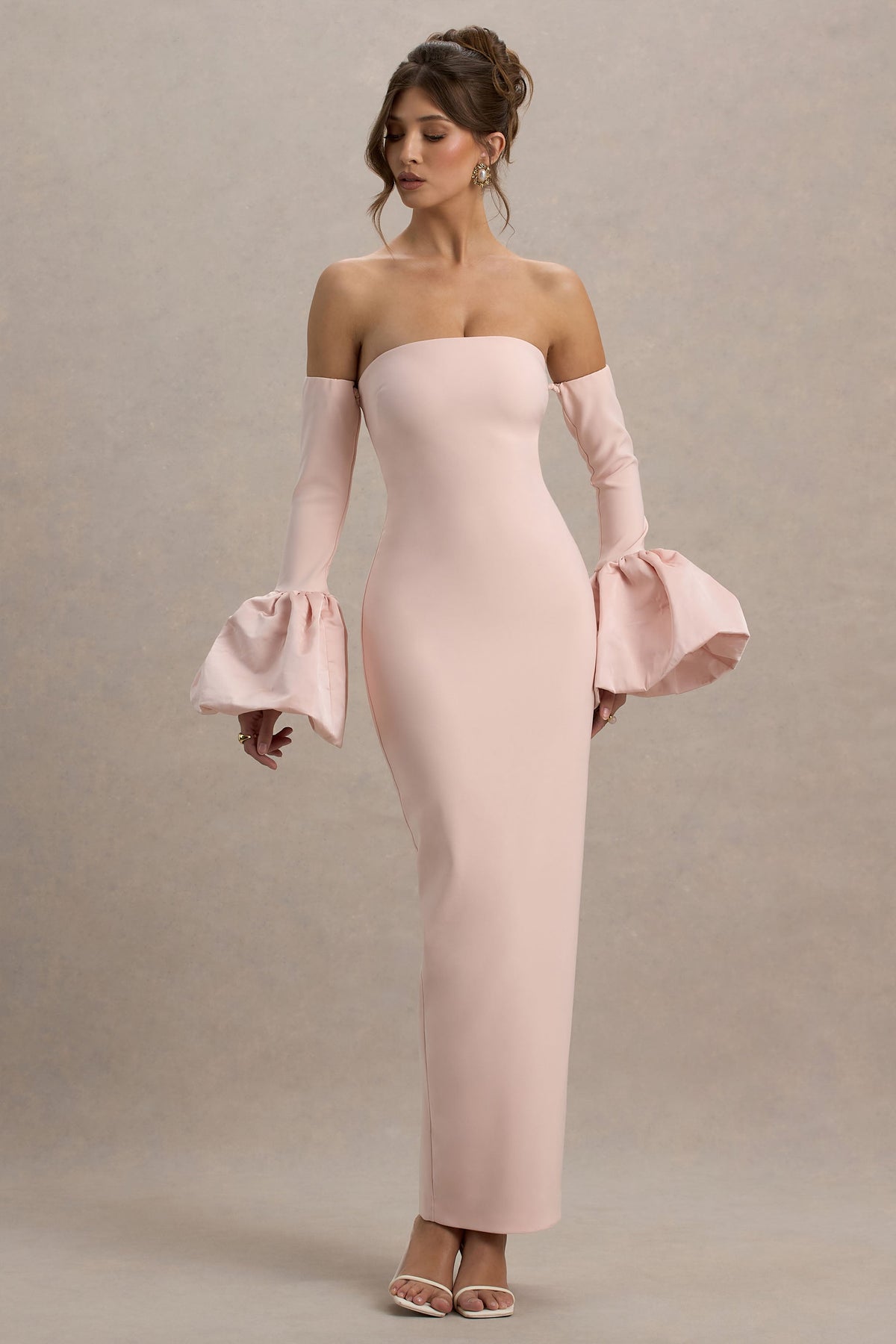 Myah | Pink Bandeau Long-Sleeve Maxi Dress With Puff Cuffs