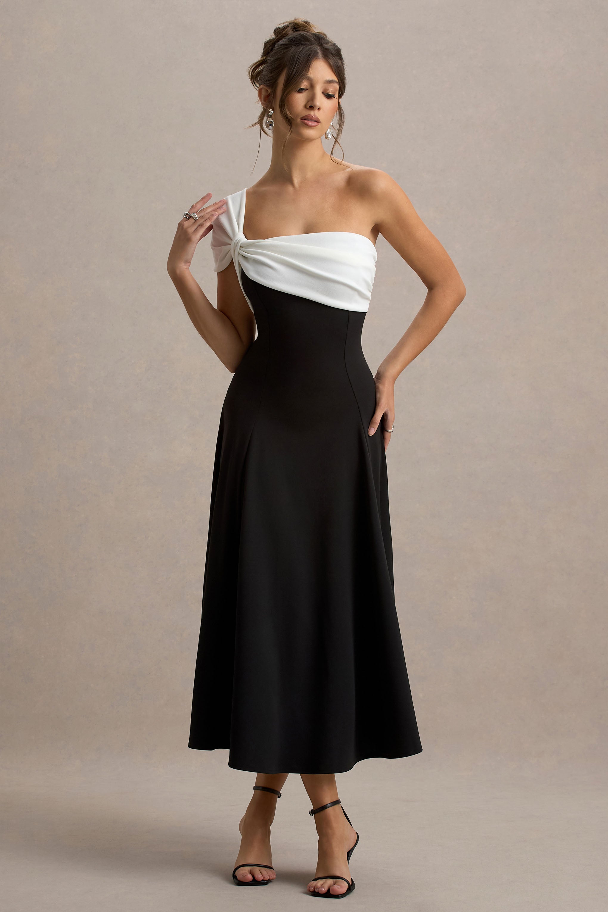 Malta | Black & White One-Shoulder Midi Dress