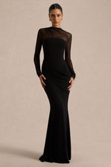Deema | Black Jersey And Mesh High Neck Maxi Dress