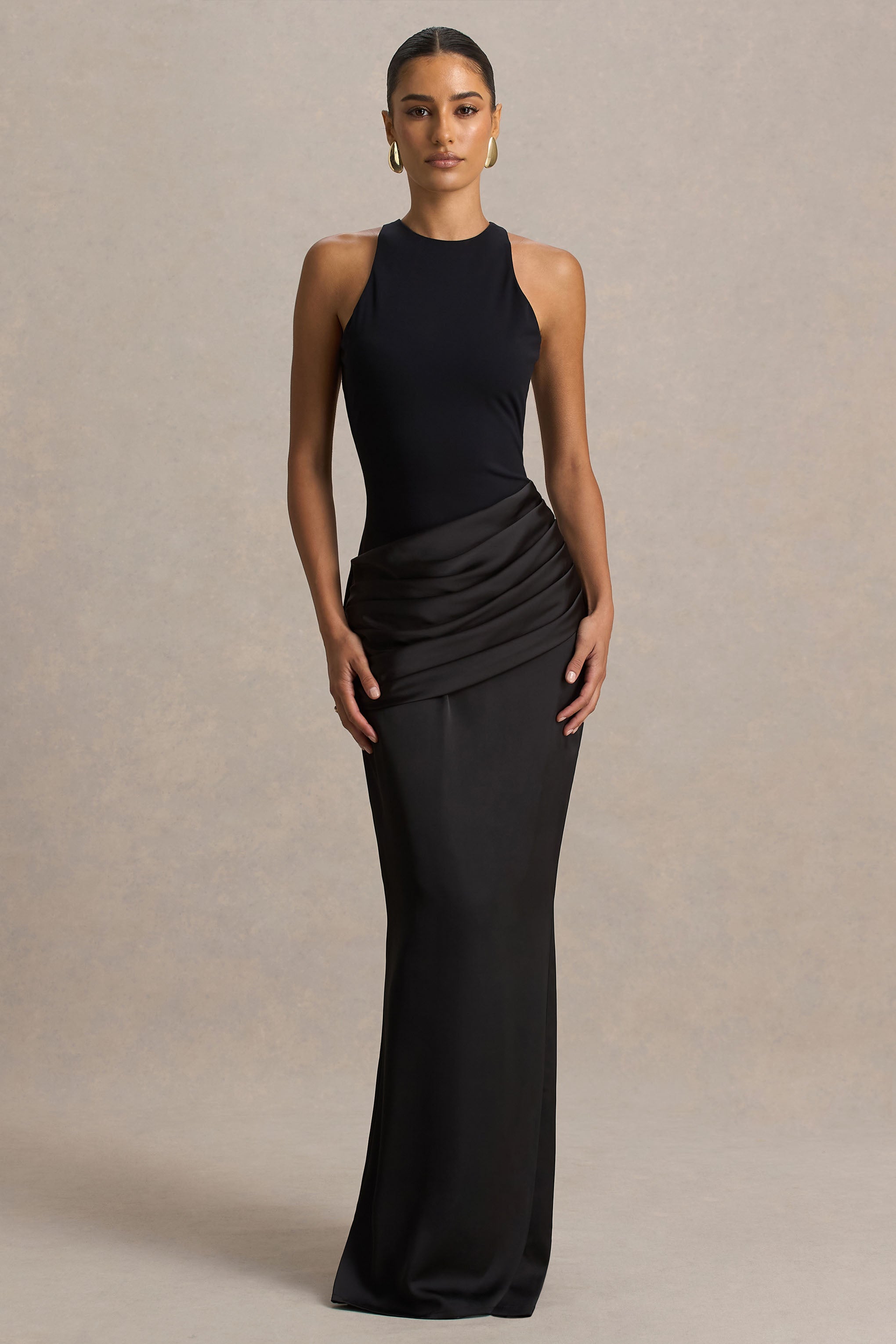 Akari | Black Crew-Neck Maxi Dress With Satin Skirt