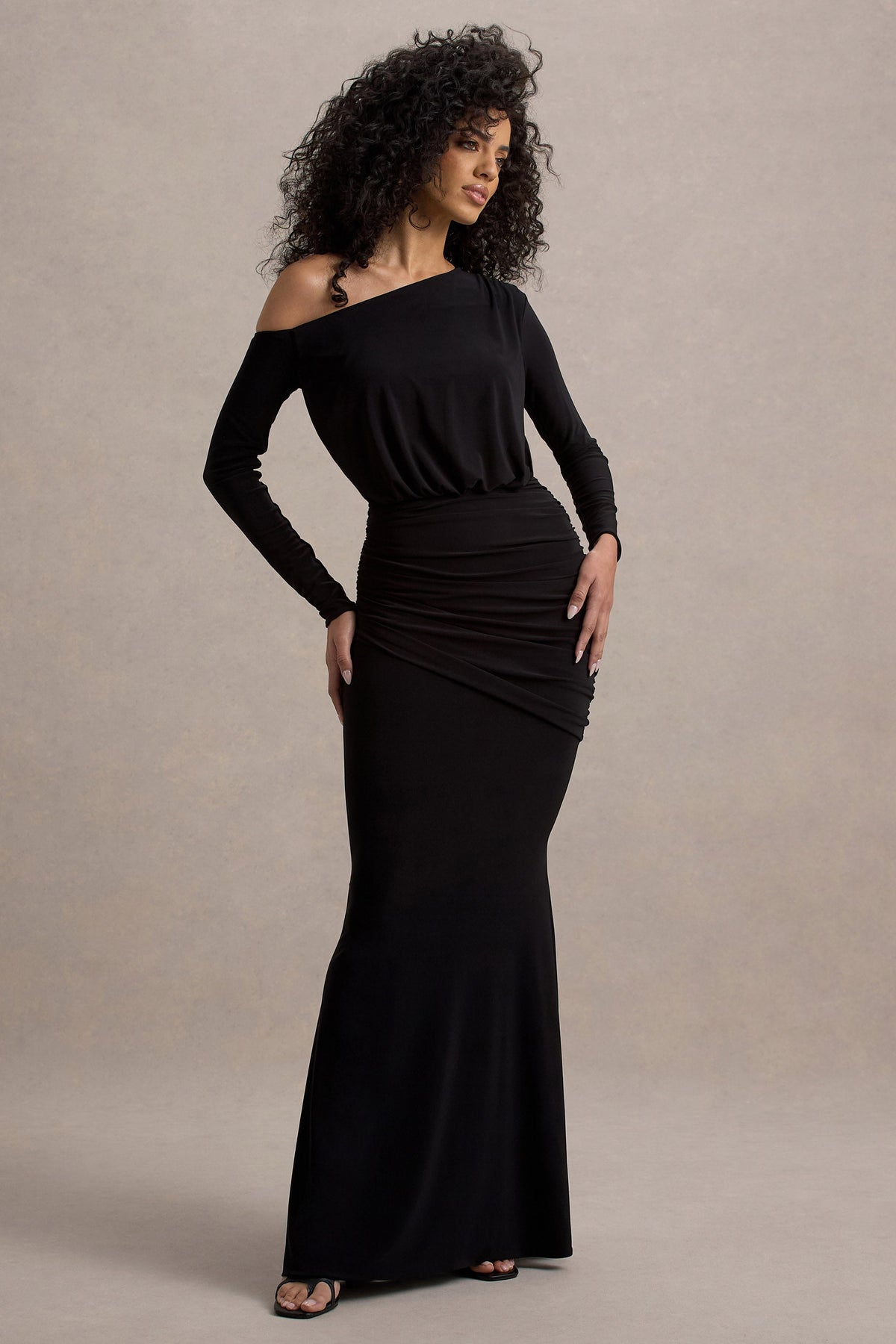 Deanna | Black Asymmetric Long-Sleeve Ruched Maxi Dress