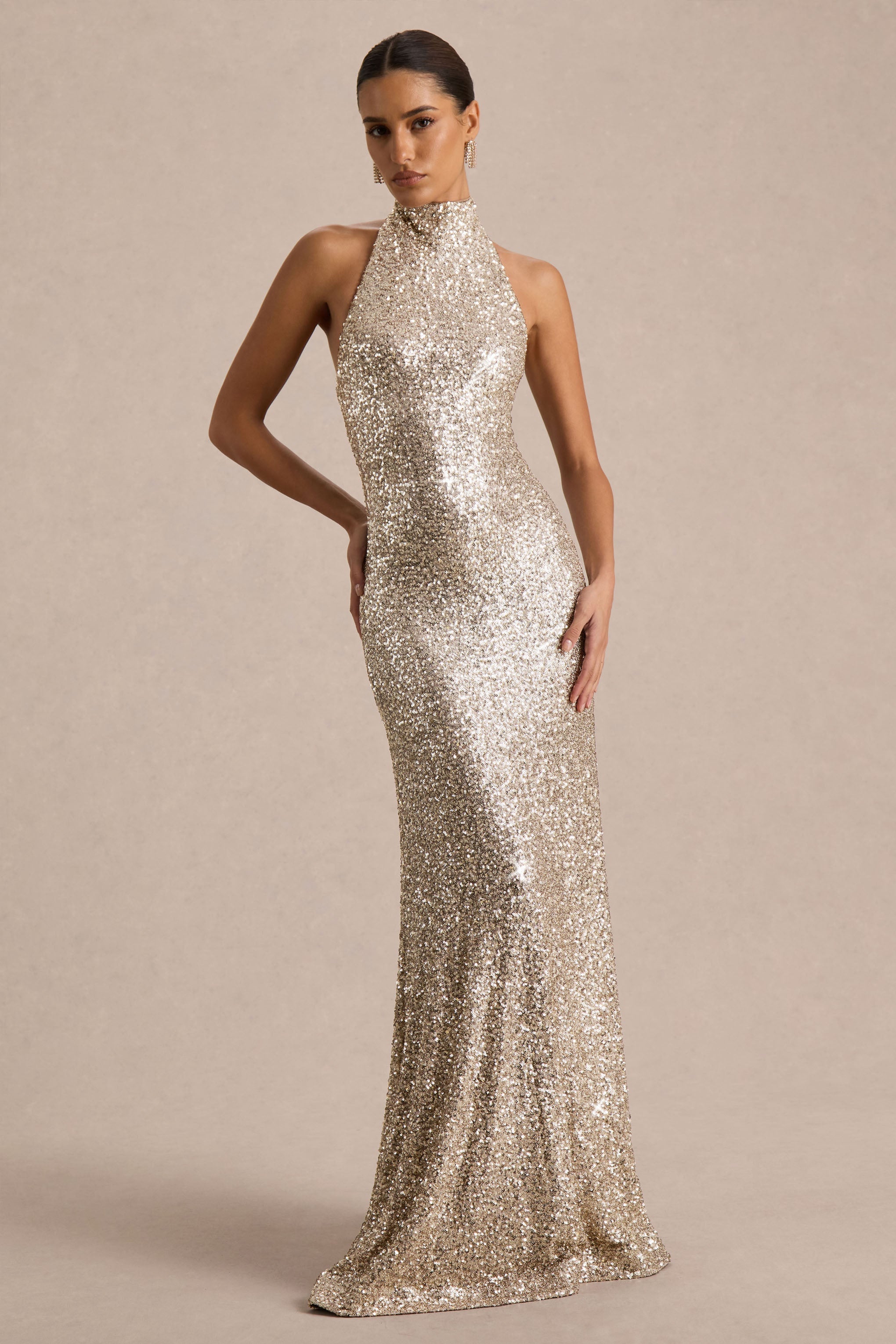 Tulia | Champagne Sequin High-Neck Maxi Dress