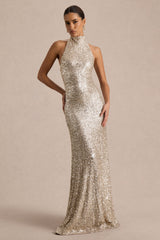 Tulia | Champagne Sequin High-Neck Maxi Dress