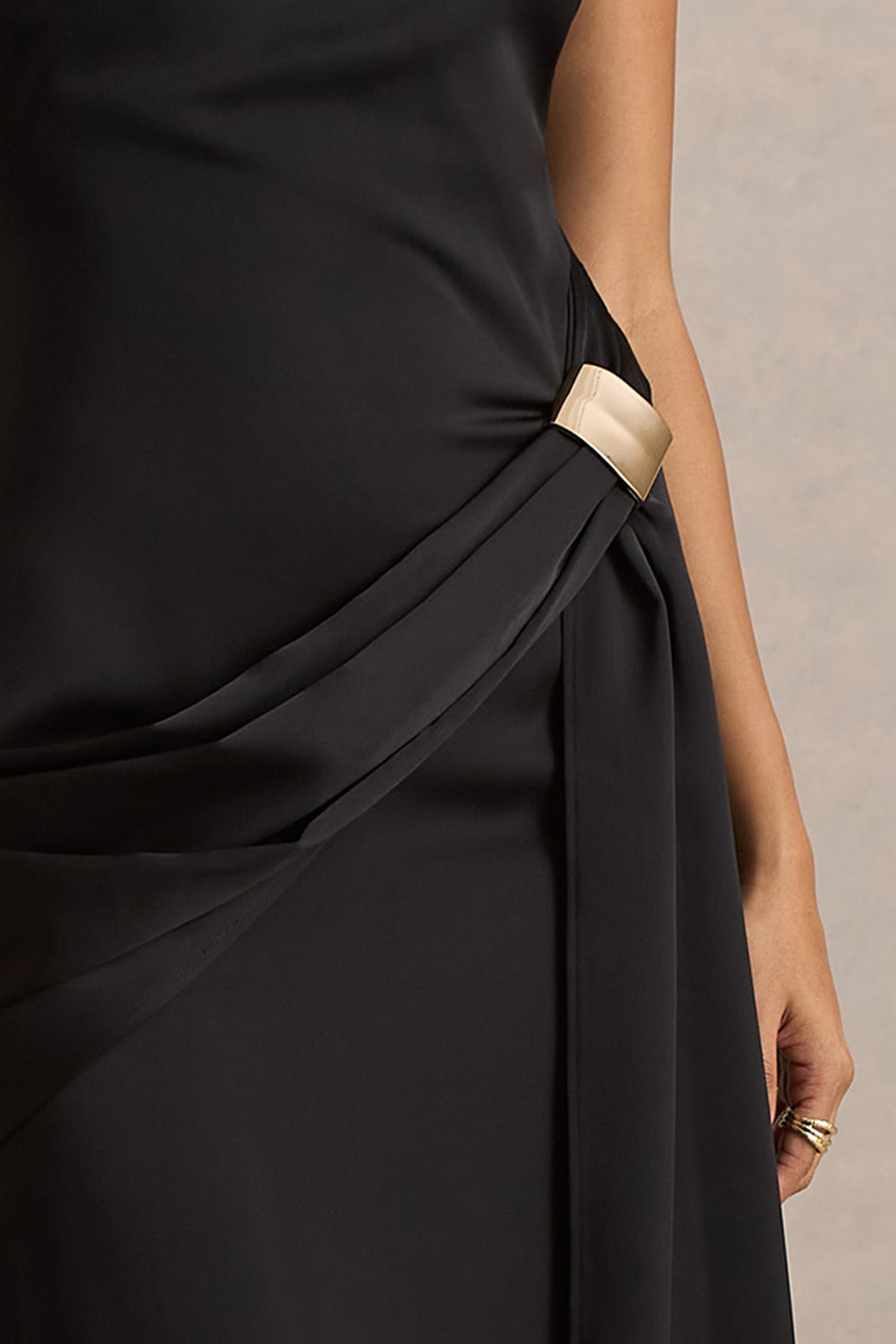 Influence | Black Satin Slashed-Neck Maxi Dress With Embellished Detail And Sash