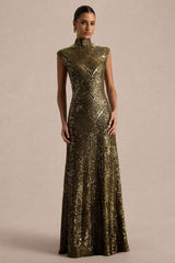 Cecy | Khaki Sequin High-Neck Maxi Dress With Cap Sleeves