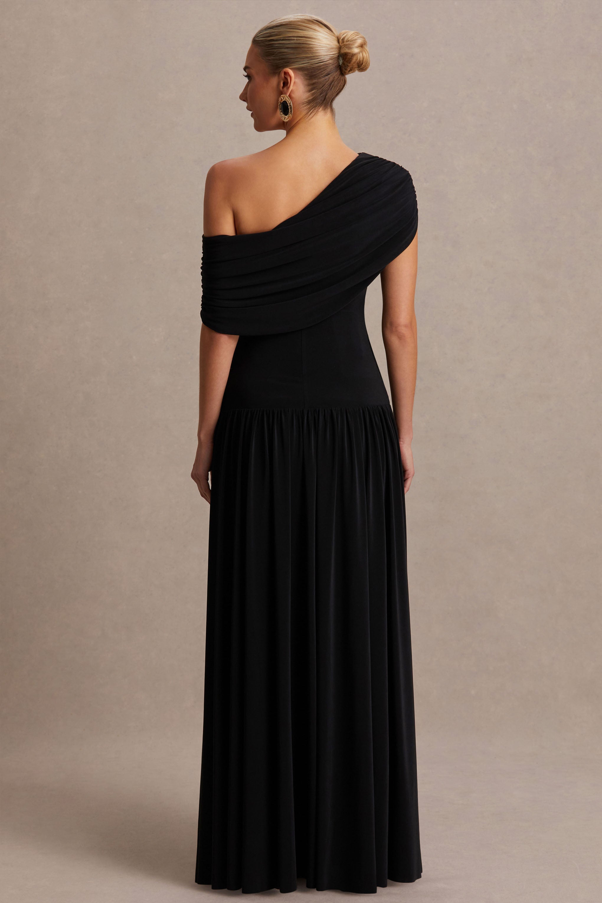 Noah | Black Asymmetric-Neck Maternity Maxi Dress With Drop-Waist