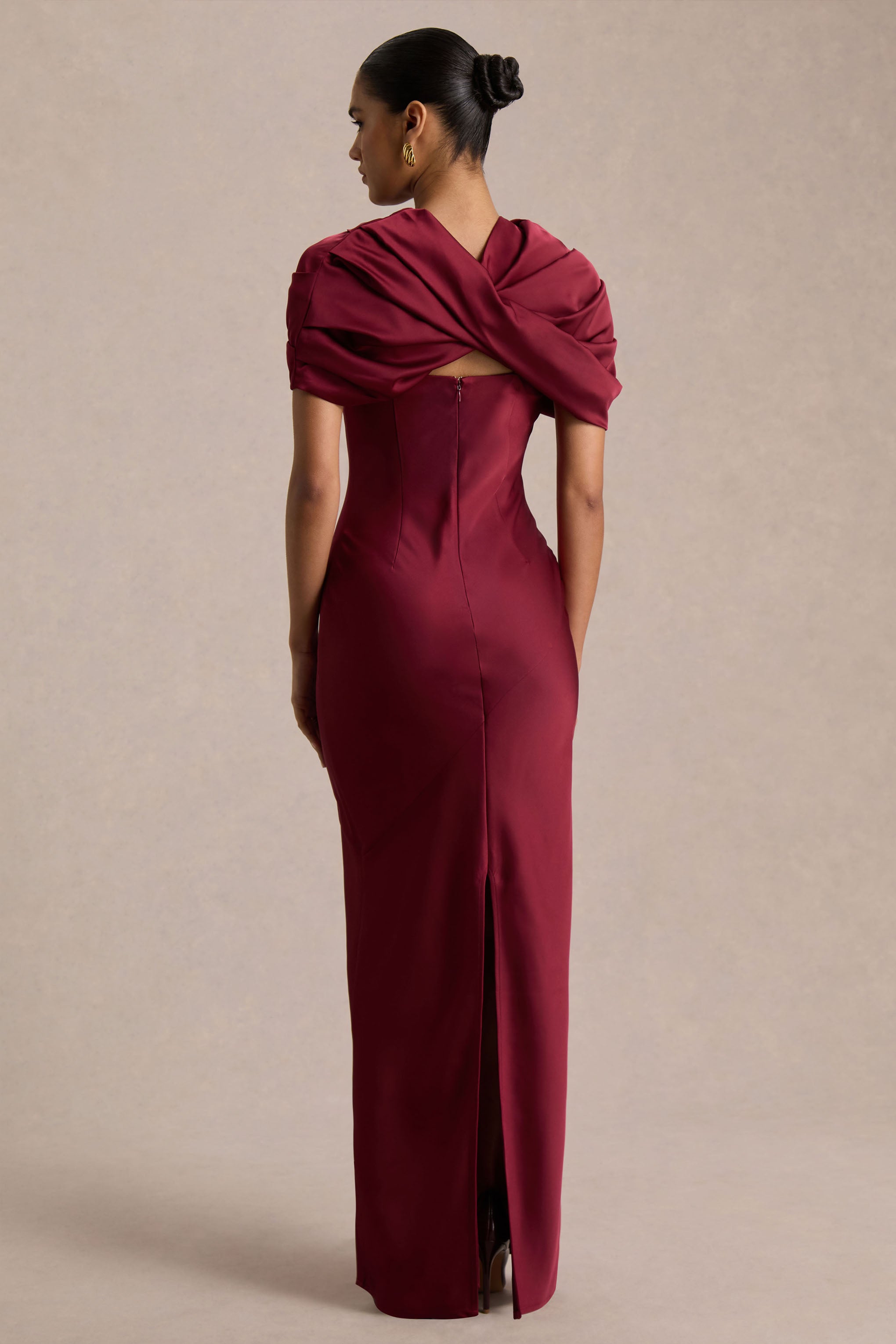 Yoli | Burgundy Satin Maxi Dress With Removable Twist-Cape