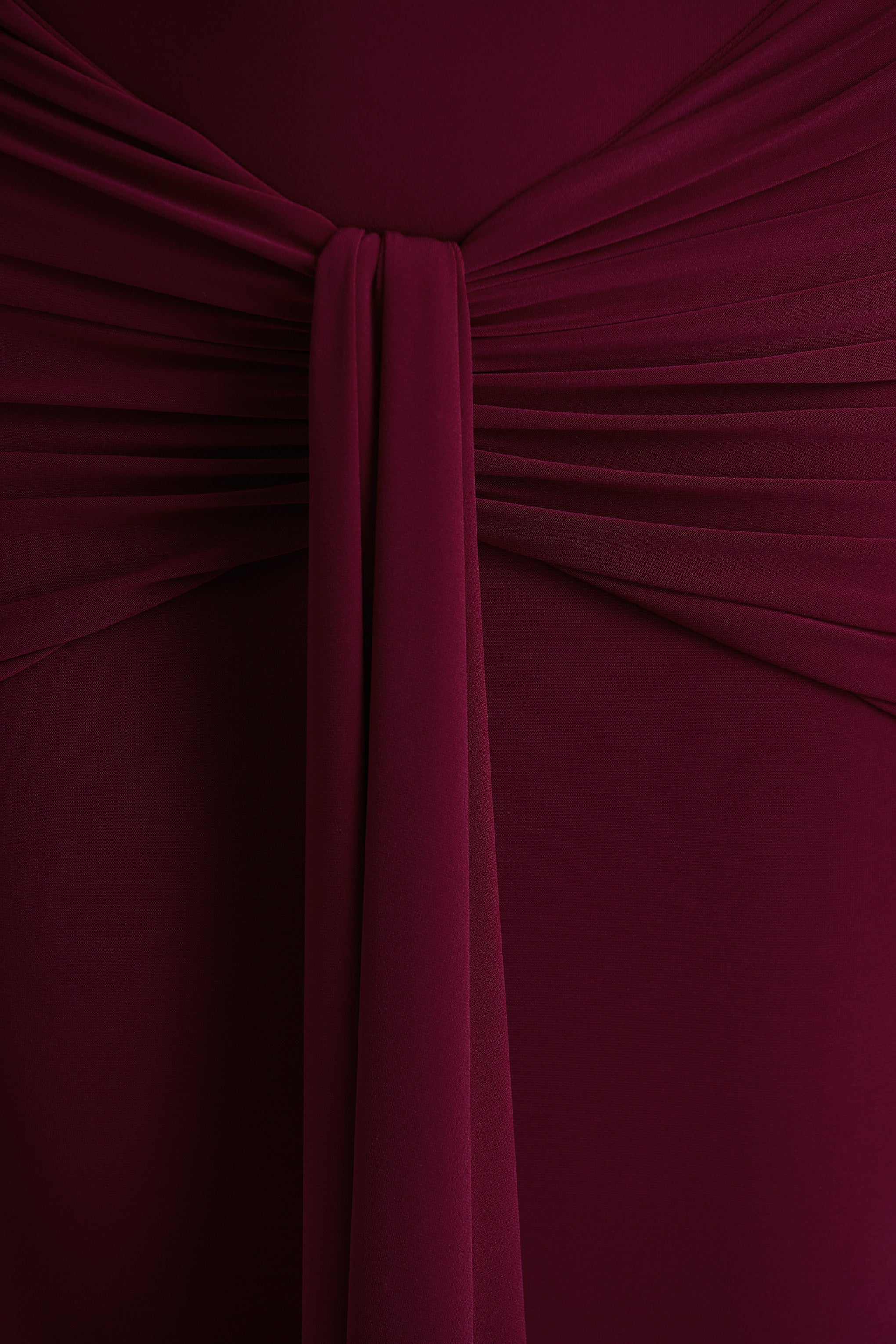 Envisioned | Burgundy Bardot-Neck Maxi Dress With Gathered And Drape Detail