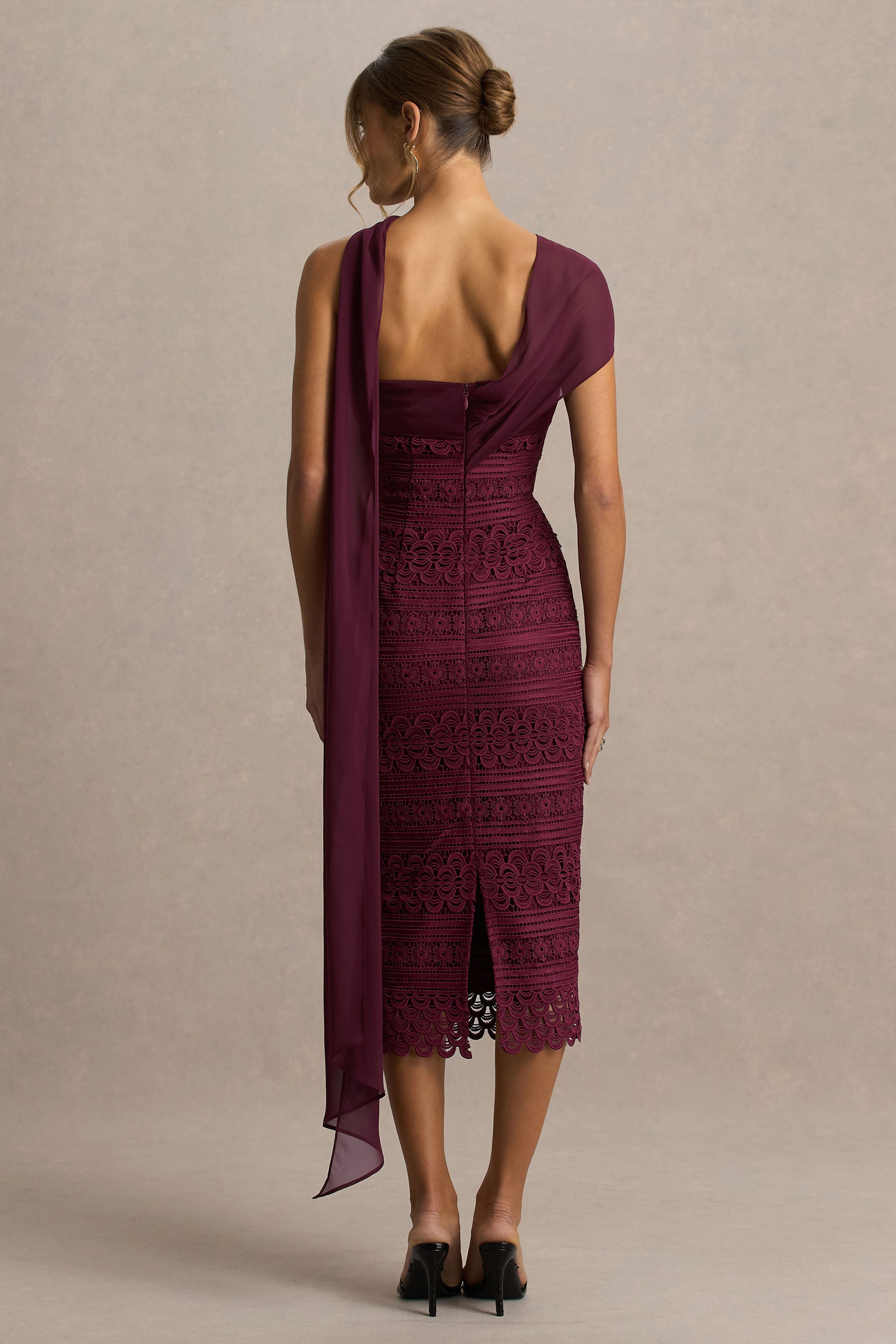 Secret | Burgundy Bandeau Lace Midi Dress With Scarf Detail