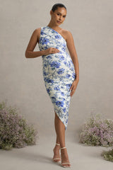 Late Night | Blue Floral Print Maternity Ruched One Shoulder Midi Dress