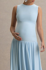 Outline | Powder Blue Crew-Neck Maternity Maxi Dress With Pleated Skirt