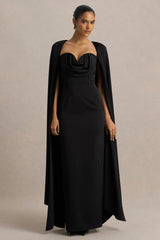 Wren | Black Satin Plunge-Neck Maxi Dress With Cape Sleeves