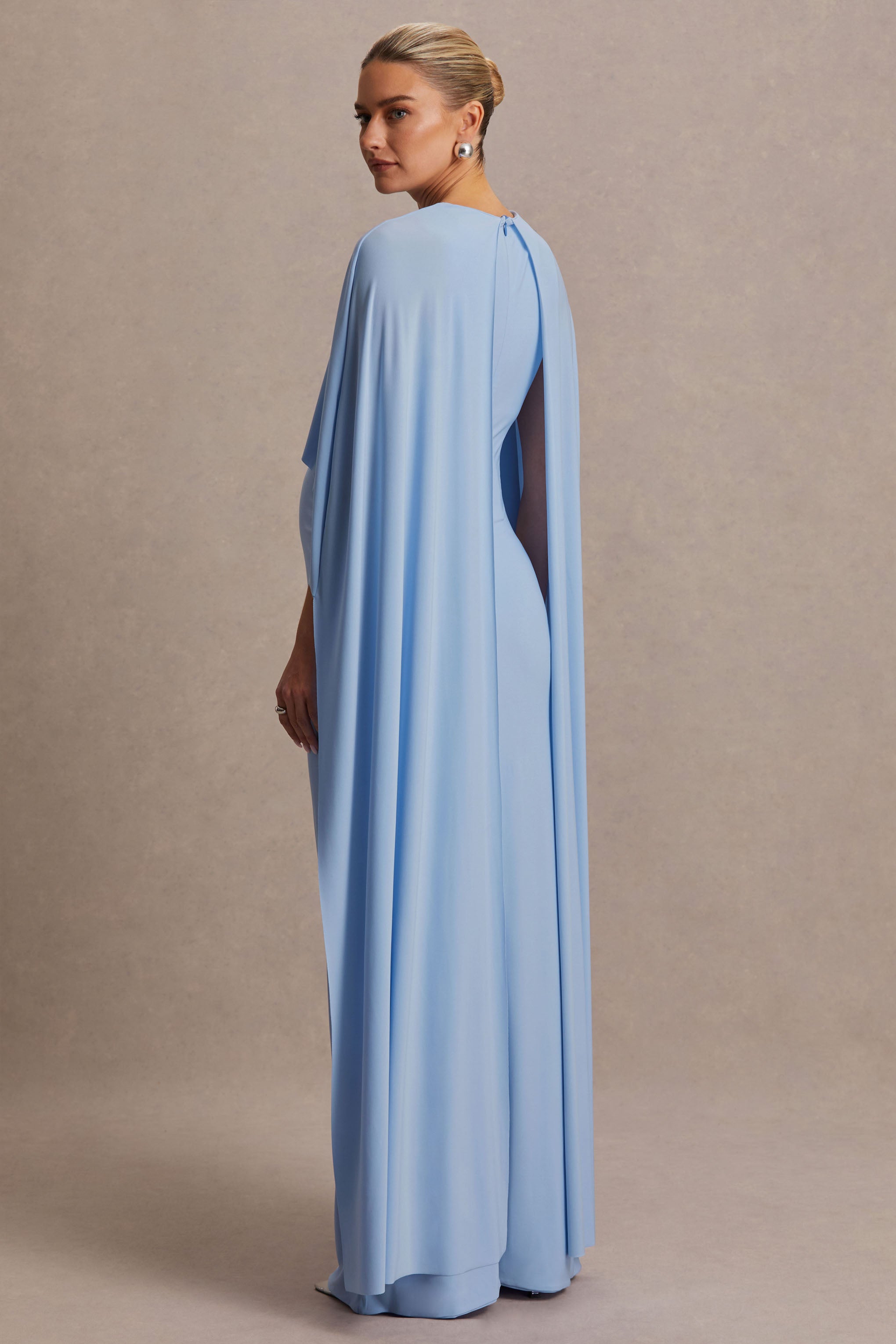 Padma | Powder Blue Draped Maternity Maxi Dress With Cape Sleeves