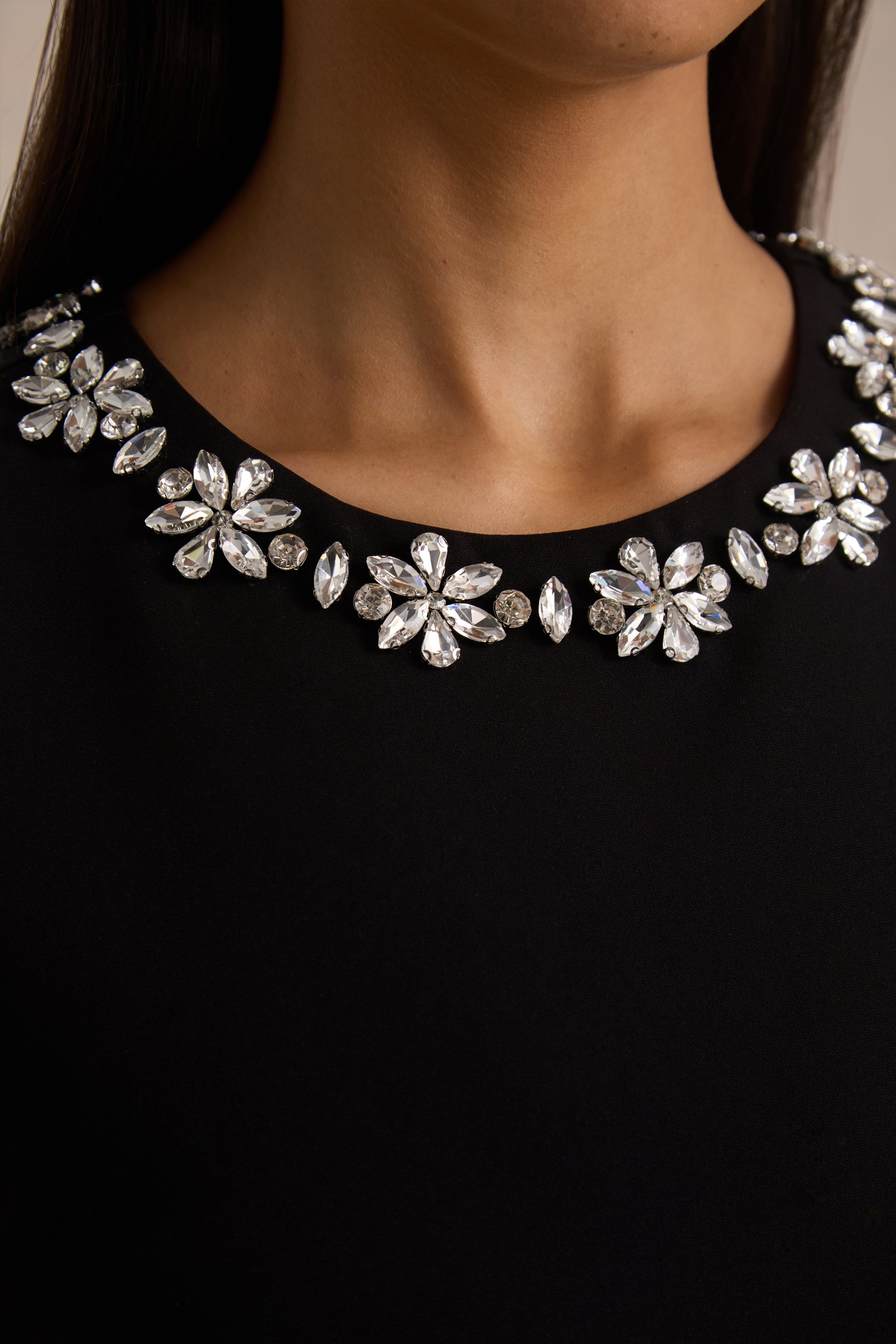 Nalani | Black And White Crew-Neck Mini Dress With Embellishment And Ruffled Detailing