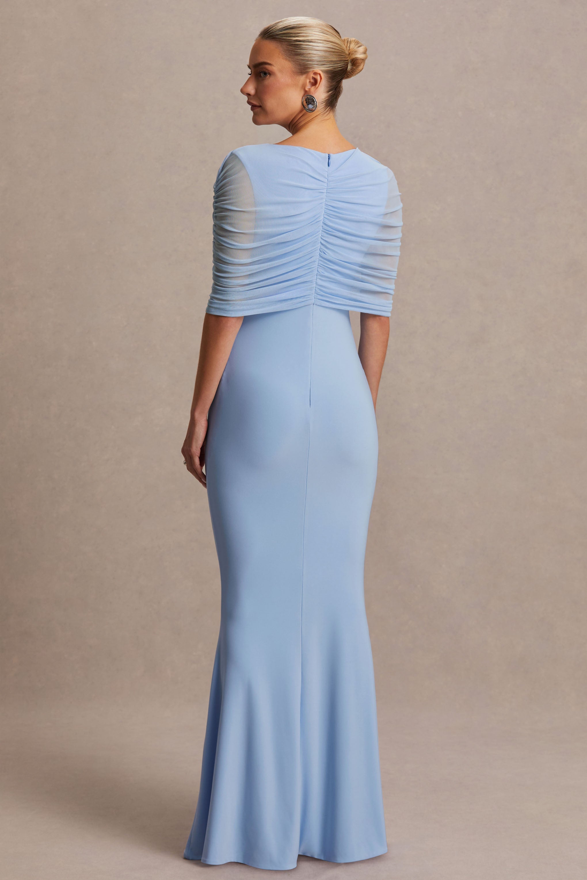 Zaria | Powder Blue Crew-Neck Maternity Maxi Dress With Cape-Overlay