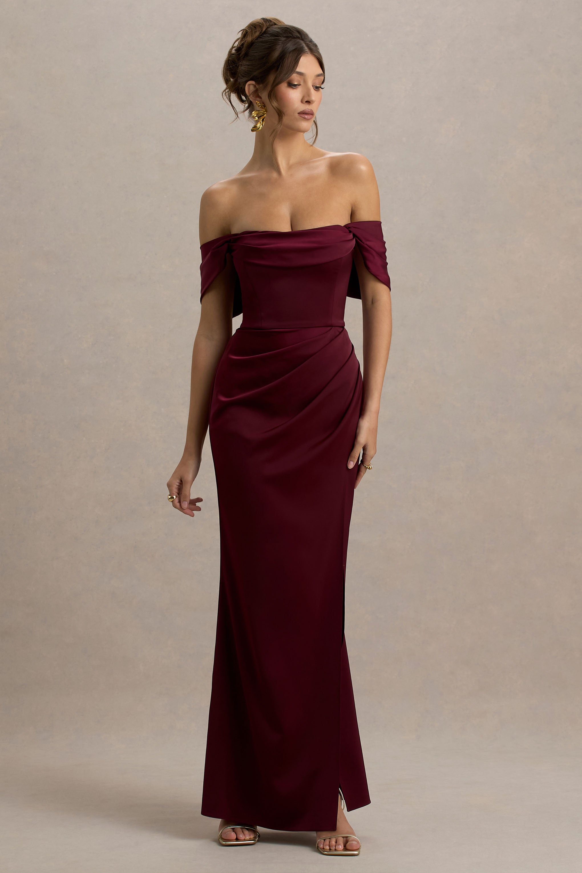 Annie | Burgundy Satin Bardot Maxi Dress With Split Wrap Skirt