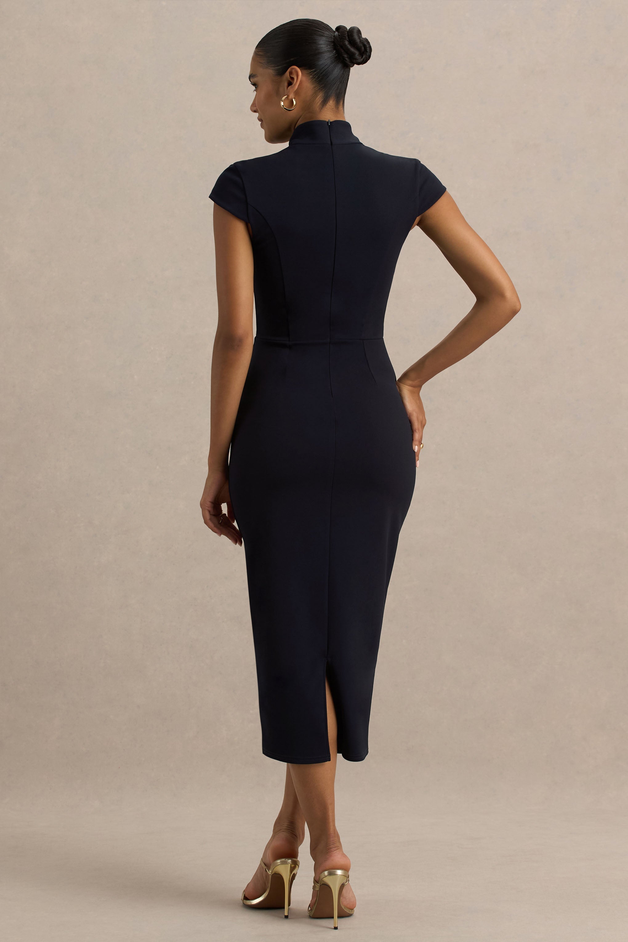 Elsie | Navy Cut-Out Neck Midi Dress With Short Sleeves