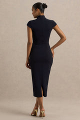 Elsie | Navy Cut-Out Neck Midi Dress With Short Sleeves