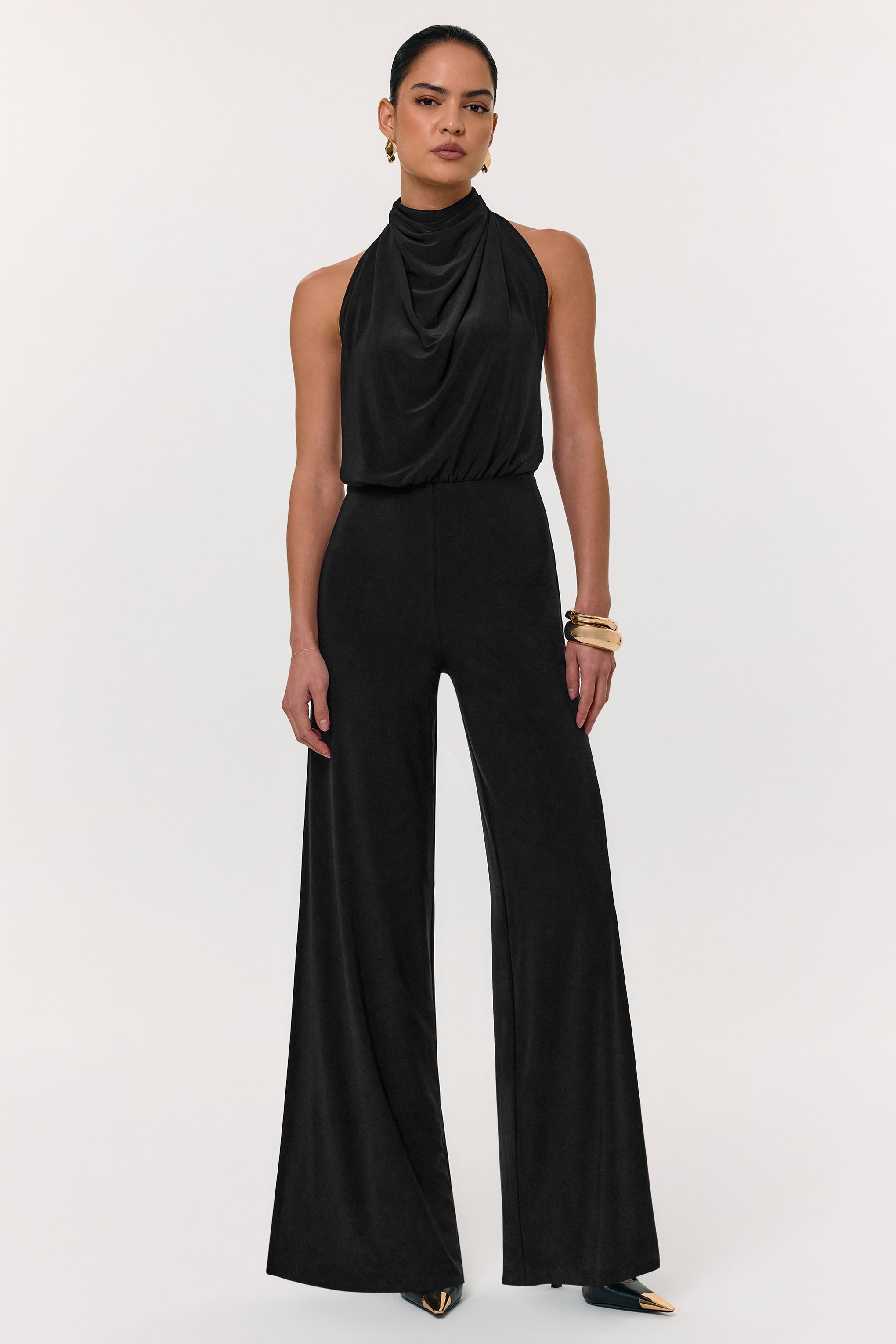 Asha | Black High-Neck Jumpsuit With Ruched Detail