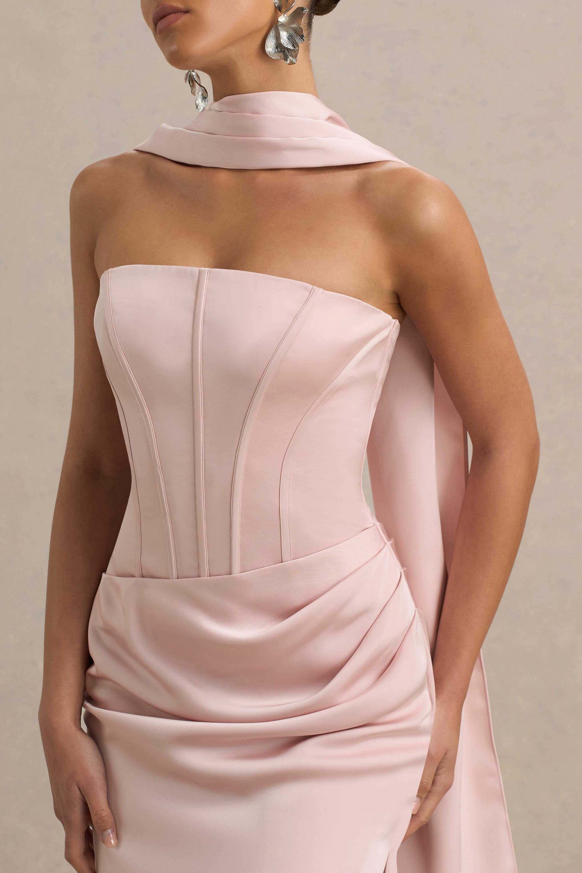 Joseline | Pale Pink Satin Corset Wrap Maxi Dress With Scarf