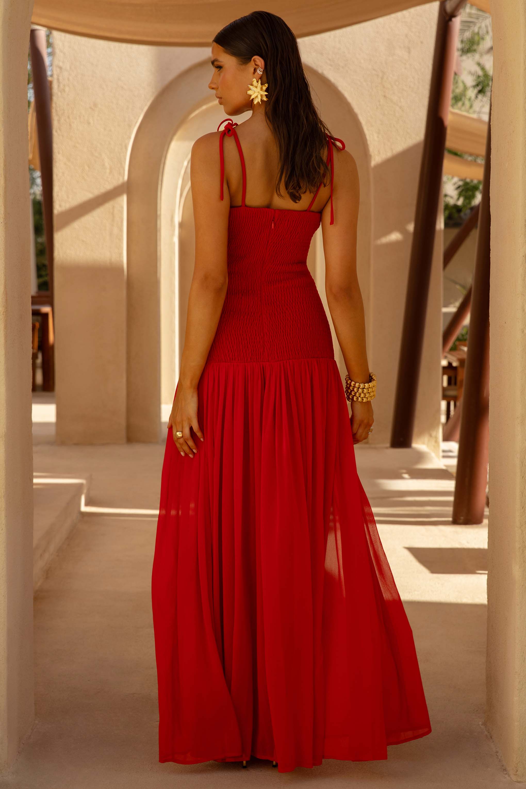 Maeva | Red Square-Neck Fishtail Maxi Dress With Ruched Detailing